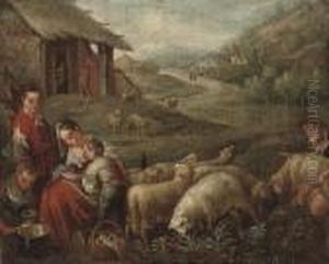 A Wooded River Landscape With A
Shepherd Shearing Sheep With His Family In The Foreground A Wooded River Landscape With A
Shepherd Shearing Sheep With His Family In The Foreground