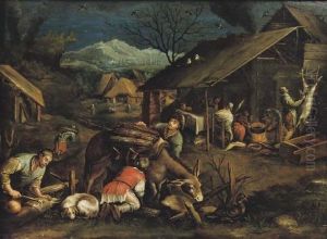 An Allegorey Of Autumn: Peasants Chopping Wood And Slaughtering A Pig In A Village by Jacopo Bassano (Jacopo da Ponte)