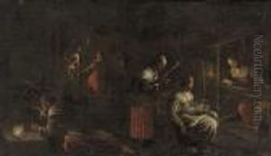Women Weaving In A Candlelit Interior by Jacopo Bassano (Jacopo da Ponte)