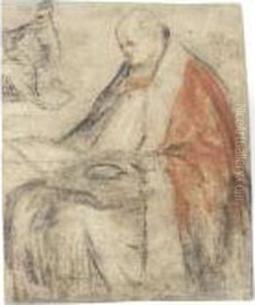 A Seated Bishop Reading From A
Book On His Lap, And A Small Study Of The Same Figure, Wearing A Cap - view 1