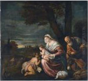 The Holy Family With Saint John The Baptist, The Flight Into Egypt Beyond by Jacopo Bassano (Jacopo da Ponte)