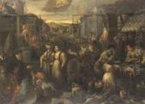 A Street Market With Townsfolk Dressed For Carnival by Jacopo Bassano (Jacopo da Ponte)