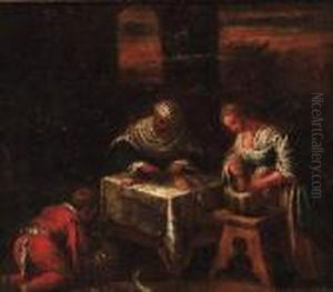 Servants Preparing Food In A Parlour; And A Nobleman Being Waitedon At A Table