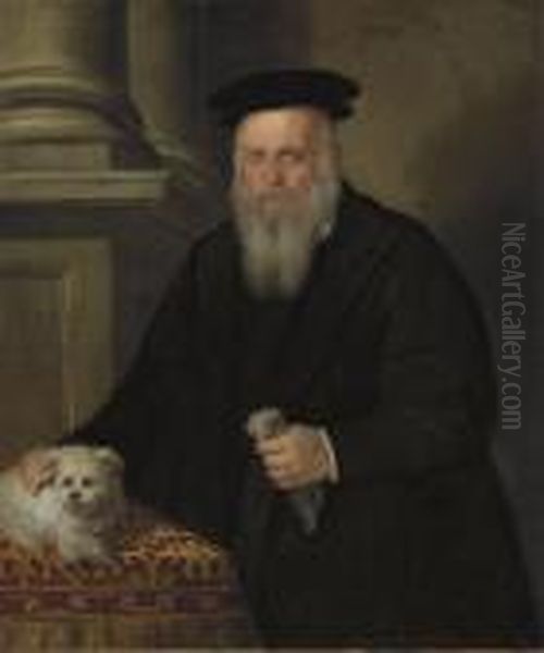 Portrait Of A Bearded Man In A Black Coat And Hat, His Dog On A Table Beside - view 1