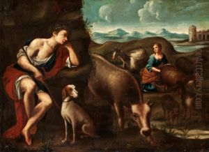 Efterfoljd Landskap Med Herde Och Herdinna by Leandro Bassano