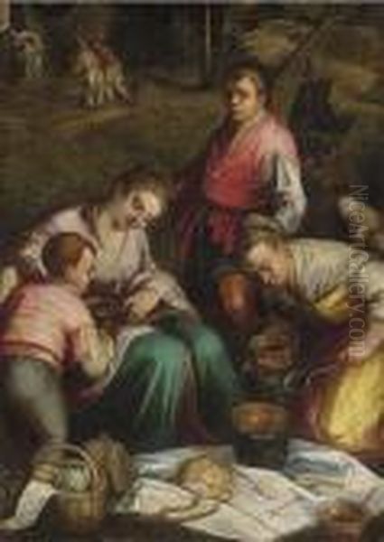 Farm Hands Eating With Harvesters Beyond - view 1