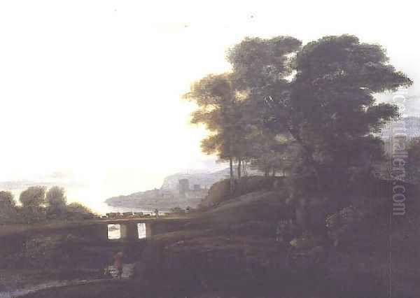 Landscape with cattle and goats crossing a bridge - view 1