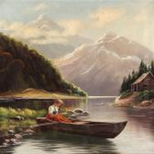 Norwegian Fiord Scene With S Woman In A Boat - view 1
