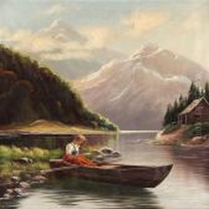 Norwegian Fiord Scene With S Woman In A Boat Norwegian Fiord Scene With S Woman In A Boat