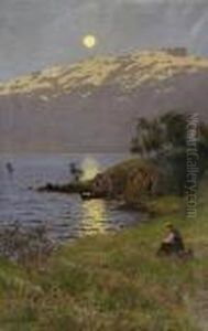 Midnight Sun Over The Fjord by Hans Dahl