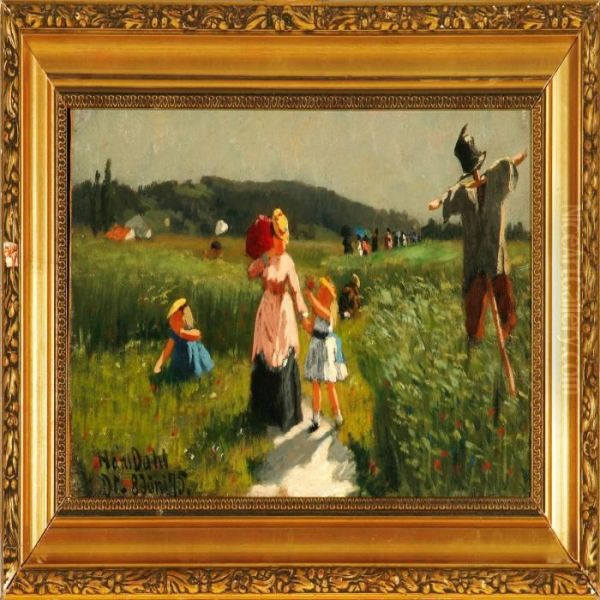 Women With Sunshades Strolling In A Field - view 1