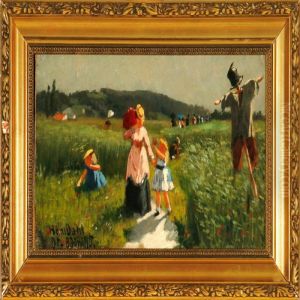 Women With Sunshades Strolling In A Field by Hans Dahl