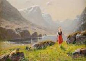 Fjordlandskap Med Vandrande Flicka Fjordlandskap Med Vandrande Flicka