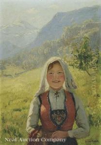 Young Girl In Festiveregional Costume, In A Meadow With Farm And Mountains Behind