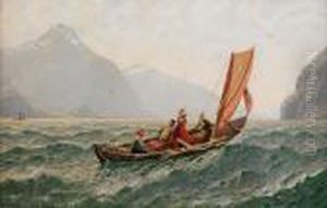 Fiord With Sailing Boat by Hans Dahl