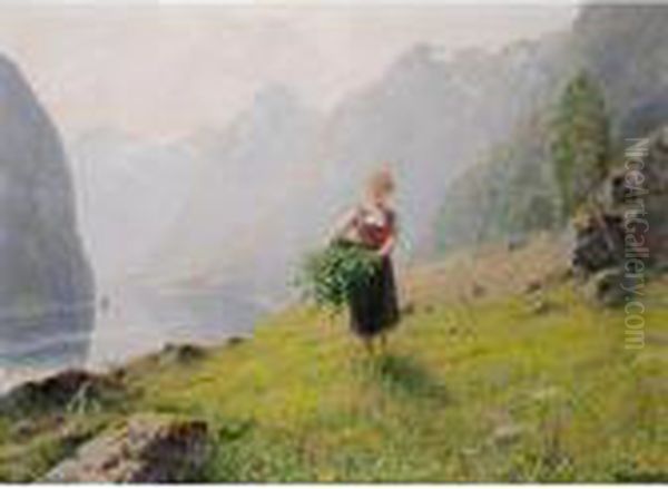 Grensanking Ved Fjorden (gathering Leaves By A Fjord) - view 1