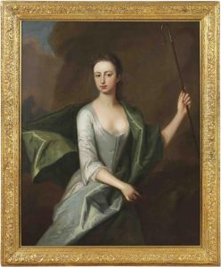 Portrait Of A Lady, 
Three-quarter-length, In A Grey Dress With A Blue Wrap, Holding A 
Shepherd's Crook by Michael Dahl