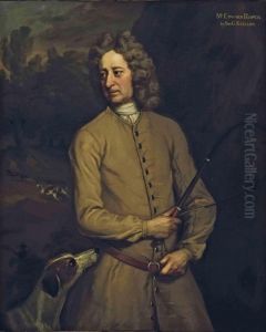 Portrait Of Edward Roper, Master
 Of The Charlton Hunt, Three-quarter-length, In A Buff Coat, Holding A 
Whip, With A Hound At His Side And Hounds Pursuing A Fox Beyond With 
Identifying Inscription 'm 
R 
. Edward Roper By Sir. G. Kneller.'