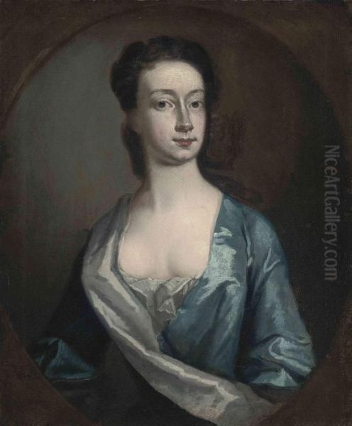 Portrait Of Mary, Daughter Of 
Hamilton Townley (b. 1673),half-length, In A Blue And White Silk Dress, 
In A Feignedoval - view 1