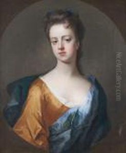 Portrait Of A Lady, Said To Be 
Lady Hunsdon, Half-length, In A Gold Dress, A White Chemise And A Blue 
Shawl, Within A Painted Oval