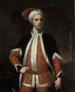 Portrait Of A Gentleman, 
Three-quarter-length, In An Ermine Trimmed Black Coat And Red Cap, A 
Landscape Beyond by Michael Dahl