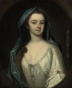 Portrait Of A Lady, Half-length, In A White Dress And Blue Mantle,in A Feigned Oval