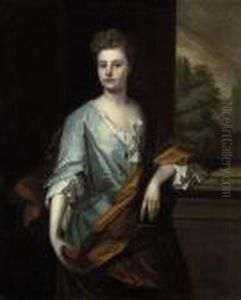 Portrait Of A Lady Traditionally
Identified As Mrs Edmondson,three-quarter Length, Standing In A Blue
Dress With A Rust Wrap, Alandscape Beyond by Michael Dahl