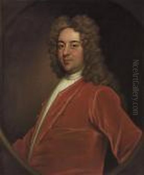 Portrait Of A Gentleman, Half-length, In A Red Velvet Coat, In Afeigned Oval - view 1