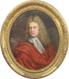 Portrait Of A Gentleman,half Length, In A Red Mantle, A Man Of War In The Background