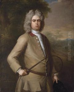 Portrait Of John Sutton, 
Three-quarter-length, In A Buff Coat,holding A Riding Crop And Hat, A 
Country House Beyond
