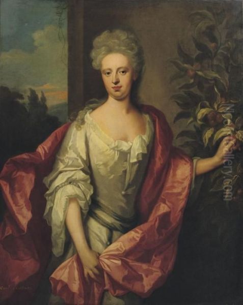 Portrait Of A Lady, Said To Be
The Countess Of Gallway,three-quarter-length, In A White Dress And Red
Wrap, Standing Infront Of A Wall Picking Fruit, A Landscape Beyond - view 1