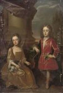 Double Portrait Of Dudley North,
 With His Sister Anne, Full-length, The Former In A Red Velvet Coat And 
Blue Wrap, The Latter Seated In A Yellow Dress With A Spaniel, A 
Landscape Beyond by Michael Dahl