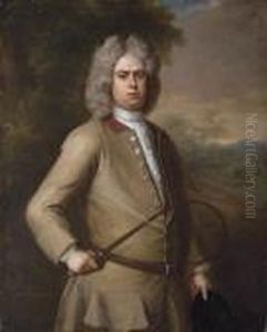 Portrait Of John Sutton, 
Three-quarter-length, In A Landscape, Wearing A Buff Coat And Holding A 
Riding Crop And Hat, A Country House Beyond