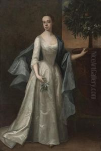 Portrait Of A Lady, Full-length,
In An Oyster Satin Dress And Blue Wrap, A Sprig Of Orange Blossom In
Her Right Hand, In An Interior, An Orange Tree Beyond by Michael Dahl