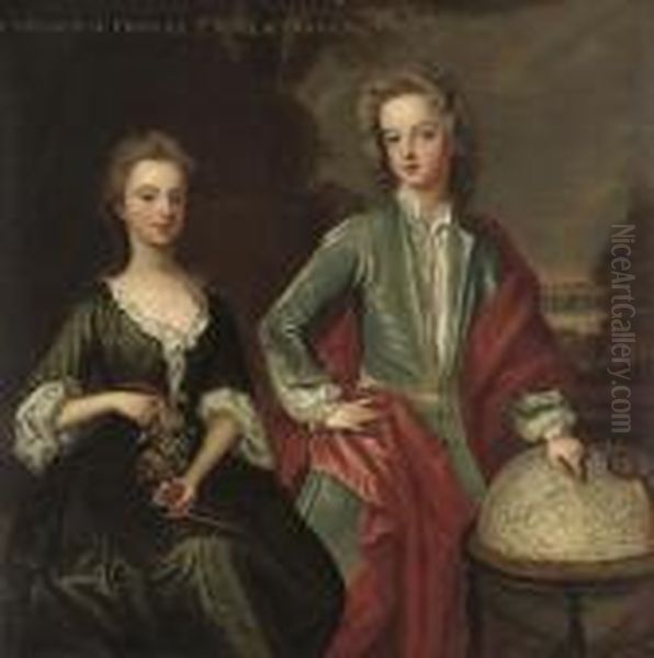 Double Portrait Of The Children
Of Francis, 2nd Earl Of Godolphin (1678-1766), Three-quarter-length, She
Seated, In A Green Dress, With A Garland Of Flowers, He Standing, With
His Hand Resting On A Globe Pointing At England, A Landscape Beyond - view 1