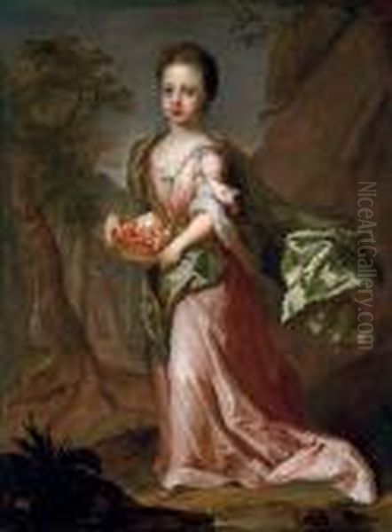 Portrait Of A Young Girl,
Traditionally Identified As Eleonora Leijoncrona, Full-length, In A Pink
Dress And Green Shawl, Holding A Basket Of Peaches And Cherries, An
Extensive Landscape Beyond - view 1