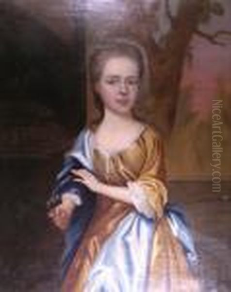 Portrait Of A Young Girl Wearing Yellow Dress With Blue Sash, A Landscape Beyond - view 1
