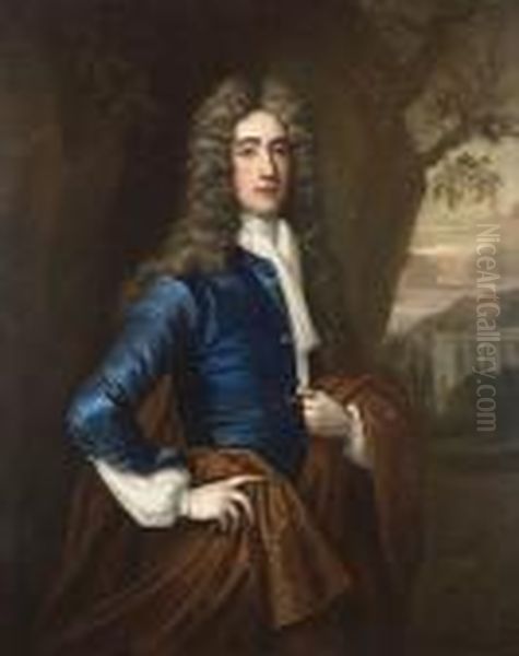 Portrait Of A Gentleman, 
Standing Three-quarter-length, In A Blue Coat And Gold Wrap, A Wooded 
Landscape And Country House Beyond - view 1