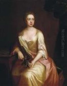 Portrait Of A Lady, 
Three-quarter-length, Seated, In A Golden Satin Dress Holding A Spray Of
 Flowers