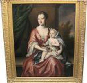 A Portrait Of A Seated Lady In A Red Dress Holding A Child by Michael Dahl