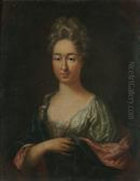 Portrait Bust Length Of A Lady, Wearing A White Dress With A Blue And Pink Cloak - view 1