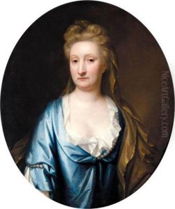 Portrait Of Mrs Mostyn, Half Length, Wearing A Blue Silk Dress And A Gold Veil
