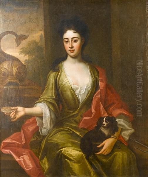 Portrait Of A Lady, Said To Be
Elizabeth Gurney, Seated Three-quarter-length, In A Green Dress With A
Red Wrap, A Spaniel On Her Lap, At A Fountain - view 1