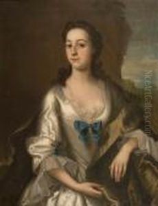 A Portrait Of A Lady In A White Gown With Blue Bow