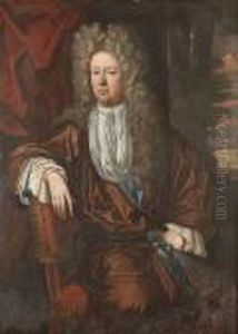 Portrait Of A Gentleman, Seated 
Three-quarter-length, In A Russet-coloured Robe And White Cravat, Before
 A Curtain, A View To A Landscape Beyond