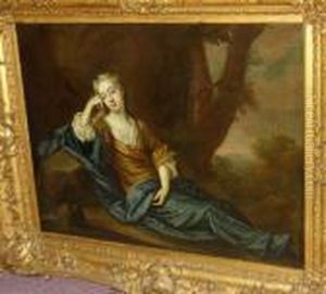 Portrait Of A Lady, Wearing A
Dark Yellow Dress Over White Chemise And A Dark Blue Wrap, Reclining In
An Arcadian Landscape by Michael Dahl
