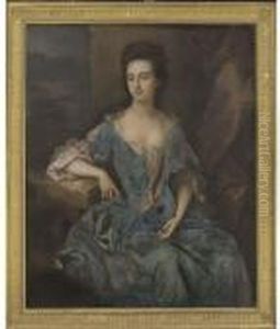 Portrait Of A Lady, Thought To 
Be Mrs Levinz, Three-quarter-length,seated In A Blue Dress, Her Right 
Arm Resting On A Ledge, A Woodedlandscape Beyond