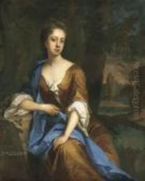 Portrait Of Dorothy Brudenell,
Countess Of Westmorland, Three-quarter-length, Seated In An Ochre Dress
With A Blue Wrap, In An Extensive Wooded Landscape - view 1