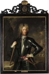 Portrait Of The Duke Of
Schomberg, Three-quarter-length, In Armour, Holding A Baton In His Right
Hand, In A Landscape, A Battle Beyond by Michael Dahl