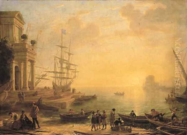 A capriccio of an Italianate harbour at sunset, with merchants, fishermen and stevedores on the shore in the foreground, men-o'-war at a quay beyond - view 1